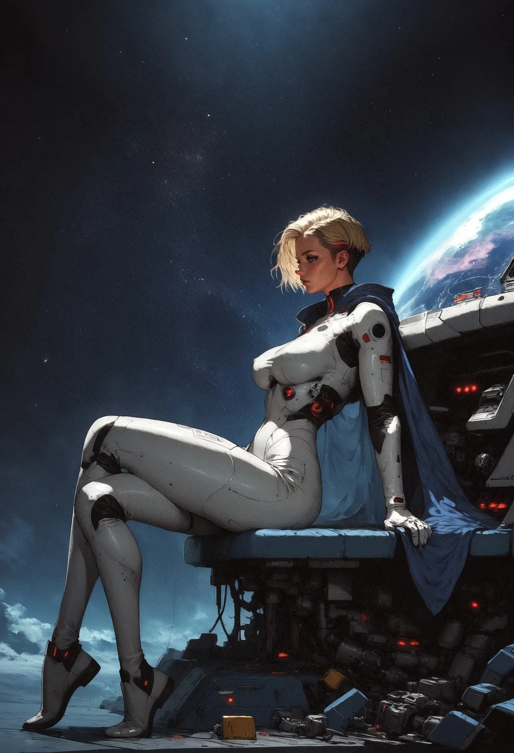 score_9, score_8_up, score_7_up,  side view, (full body:1.2), woman in a white latex suit, pilot, sitting in spaceship cockpit, galaxy, solo, against night sky, star sky, galaxy, hips, large breasts, Star Trek setting, retrofuturism, blonde hair, (very short hair:1.2), high top cut, red cape, multicolored hair, galactic inner hair, tattoo,  <lora:pony/twilight_style:0.8> concept art, <lora:pony/expressiveh:0.8> expressiveh, <lora:pony/kenva:0.7> <lora:sdxl/sinfully_stylish_sdxl>
