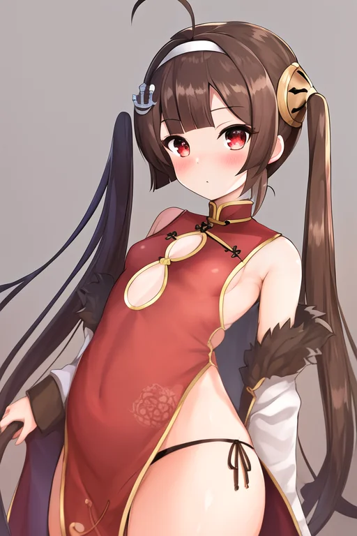 masterpiece, best quality, highres, solo, {ping_hai_azurlane:1.10}, brown_hair, long_hair, bangs, ahoge, twintails, red_eyes, breasts, blush, small_breasts, hairband, hair_ornament, white_hairband, very_long_hair, anchor_hair_ornament