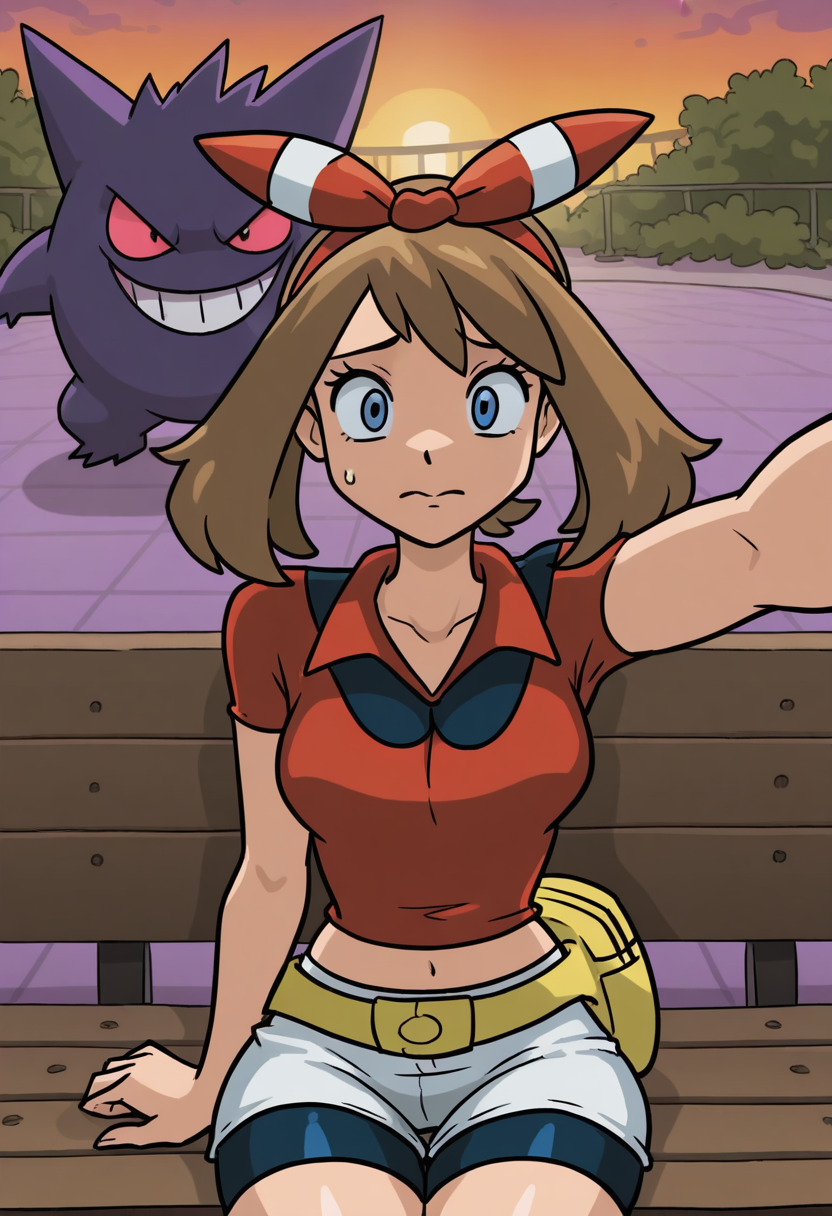 b4tm3t41style,   masterpiece, best quality, solo,                                                                                                                                             MAY \(POKEMON\), red shirt,  bow hairband, white shorts, yellow fanny pack, midriff, a purple evil gengar \(POKEMON\) sitting beside her, worried, pov taking a selfie,  sitting on bench, sunset park, background, looking at viewer, terrified,