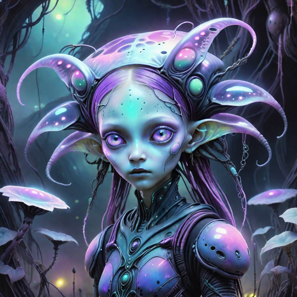 cheyenne, aliendance, eulera, alien female, Delicate, detailed botanical growths, Surreal cyber-fantasy, Dreamlike depth of field, Faint glowing embers scattered throughout, Muted Pastel Grunge alien_wanderer, <lora:artfully_YOUNGALIEN_SDXL:0.8>,