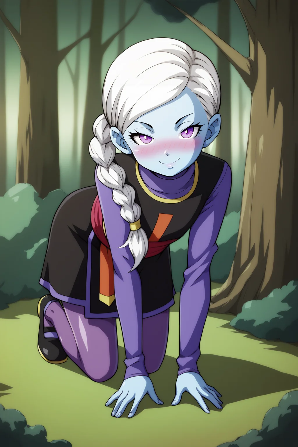 score_9, score_8_up, score_7_up, score_6_up, BREAK, KusuDBSPXL, colored skin, blue skin, purple eyes, white hair, single braid, side ponytail, long hair, flat chest, turtleneck, purple undershirt, long sleeves, black dress, red sash, underskirt, purple skirt, purple pantyhose, black footwear, solo, full body, all fours, seductive smile, looking at viewer, naughty face, nose blush, forest, tree <lora:KusuDBSPXL:1>