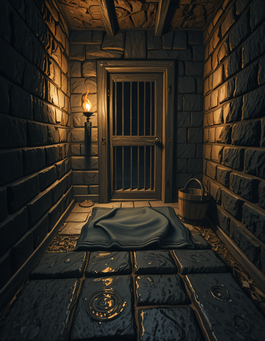 A hyper-realistic photo of a dark medieval dungeon cell inspired by Skyrim, with cold, damp stone walls covered in patches of moss and cracks. The floor is made of uneven cobblestones, partially wet with small puddles reflecting dim torchlight. An old, rusted iron-barred door is slightly ajar, casting long shadows on the ground. In the corner, a pile of straw serves as a makeshift bed, with a thin, tattered blanket thrown over it. Chains and shackles hang from the walls, showing signs of centuries of use. A small wooden bucket sits beside the bed, used as a primitive toilet. The atmosphere is heavy and oppressive, filled with a faint mist in the air. The only source of light comes from a single flickering torch mounted on the wall outside the cell, creating dramatic, warm orange glows contrasting with deep, cold shadows. The photo is taken from a slightly low angle, as if from the perspective of someone crouched on the floor inside the cell, adding a sense of claustrophobia and confinement. Ultra-realistic textures, high detail, cinematic lighting, 4K quality.
<lora:SDXLFaeTastic2400:0.4> <lora:extremely_detailed:0.4> extremely detailed,,dungeon c3ll <lora:dungeon_c3ll-i:1>, Masterpiece,best quality,hi res,8k,hi res,8k,award winning,(sharp focus, intricate, highly detailed),