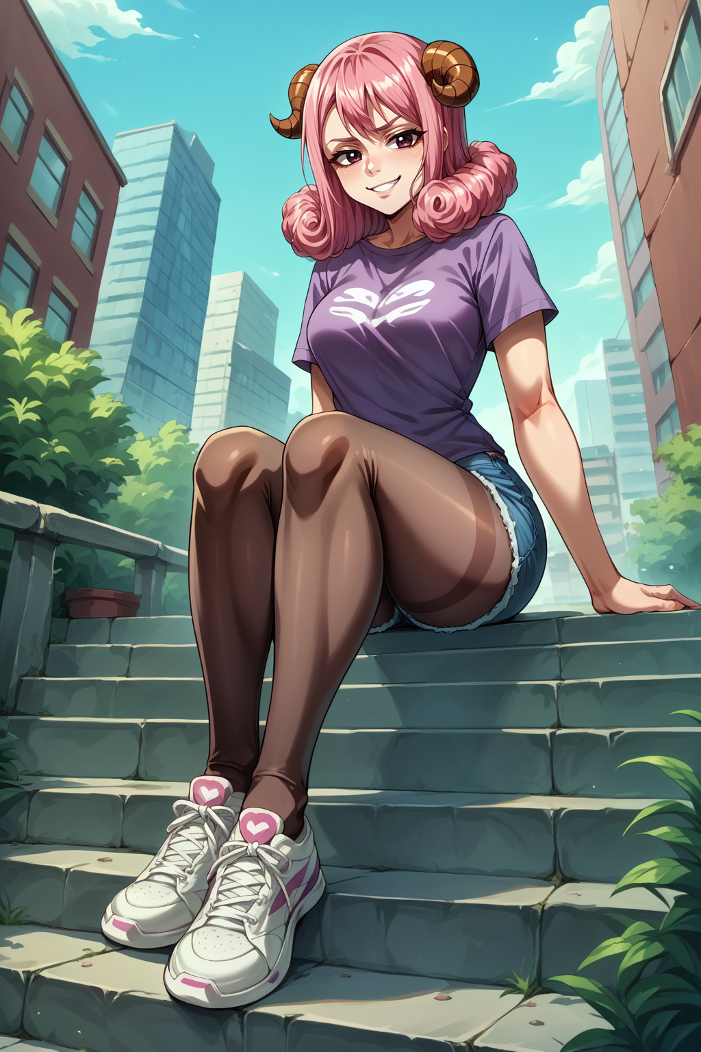 score_9, score_8_up, score_7_up, score_6_up, 1girl, solo BREAK <lora:NSAriesFairyTail:1> NSAriesFaiTai, sheep horns, pink hair, medium hair, hair curls, graphic tee, purple t-shirt, denim shorts, pantyhose under shorts, pantyhose, sitting, stairs, outdoors, city, sneakers, dutch angle, full body, from below, looking at the viewer, smug