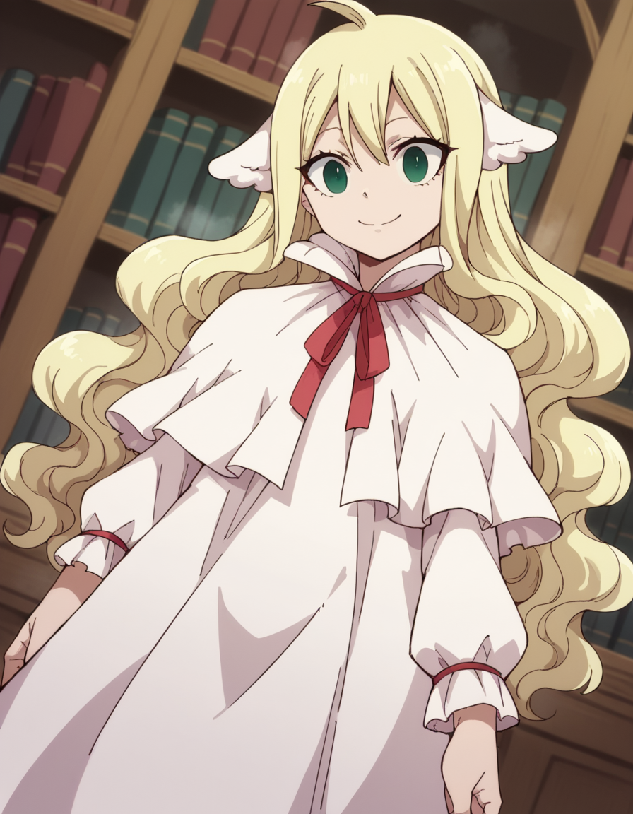 score_9, score_8_up, score_7_up, source_anime, <lora:mavis-vermillion-anime-ponyxl-lora-nochekaiser:1>, mavis, long hair, blonde hair, green eyes, ahoge, wavy hair, animal ears,, dress, white dress, collar, ribbon, red ribbon, capelet, long sleeves,, bookstore, browsing shelves, new book smell, finding a favorite, quiet atmosphere, smile, , arm flexed showing muscle, solo,, cowboy shot, dutch angle