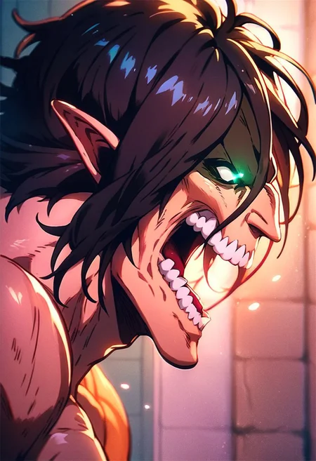 (score_9, score_8_up, score_7_up:1.3)source_anime,(rating_questionable),( Xerenx :1.6),( standing peeking over a very high wall:1.0), green ligthings eyes,screaming,( full body :0.5)