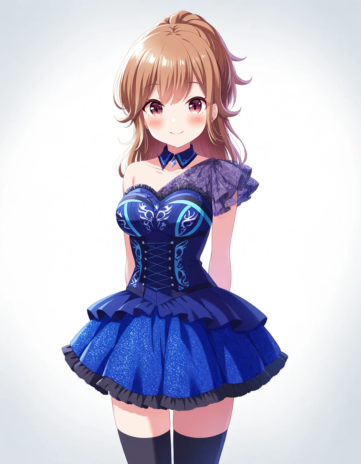1girl, solo, cowboy shot, hayasaka mei, idoly pride, blue idol costume, black thighhighs, standing, arms behind back, looking at viewer, smile, blush, (simple background, white background), BREAK, <lora:iMei:0.72>,
very aesthetic, high definition, amazing quality, masterpiece, best quality, highres, absurdres, safe, newest, anime screenshot, screencap