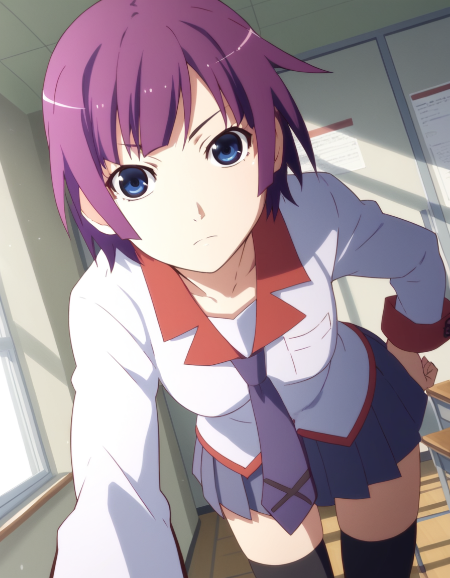 score_9, score_8_up, score_7_up, source_anime,
hitagisenjougahara, <lora:hitagi-senjougahara-anime-ponyxl-lora-nochekaiser:1>,
senjougahara hitagi, bangs, short hair, blue eyes, purple hair,
skirt, thighhighs, school uniform, necktie, black thighhighs, zettai ryouiki, naoetsu high school uniform,
indoors, classroom, bent over,
looking at viewer, cowboy shot, dutch angle,