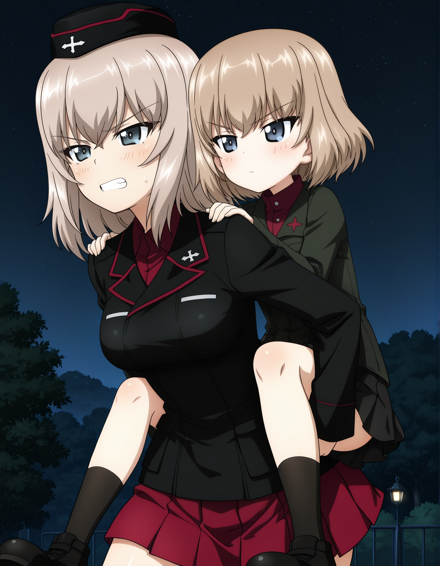 masterpiece,best quality, absurdres, highres, girls und panzer, anime screenshot, 2girls,  BREAK  katyushaillu, long sleeves, pravda school uniform, green jacket, red shirt, pleated skirt, turtleneck,  night, park,  black socks, black shoes, piggyback,