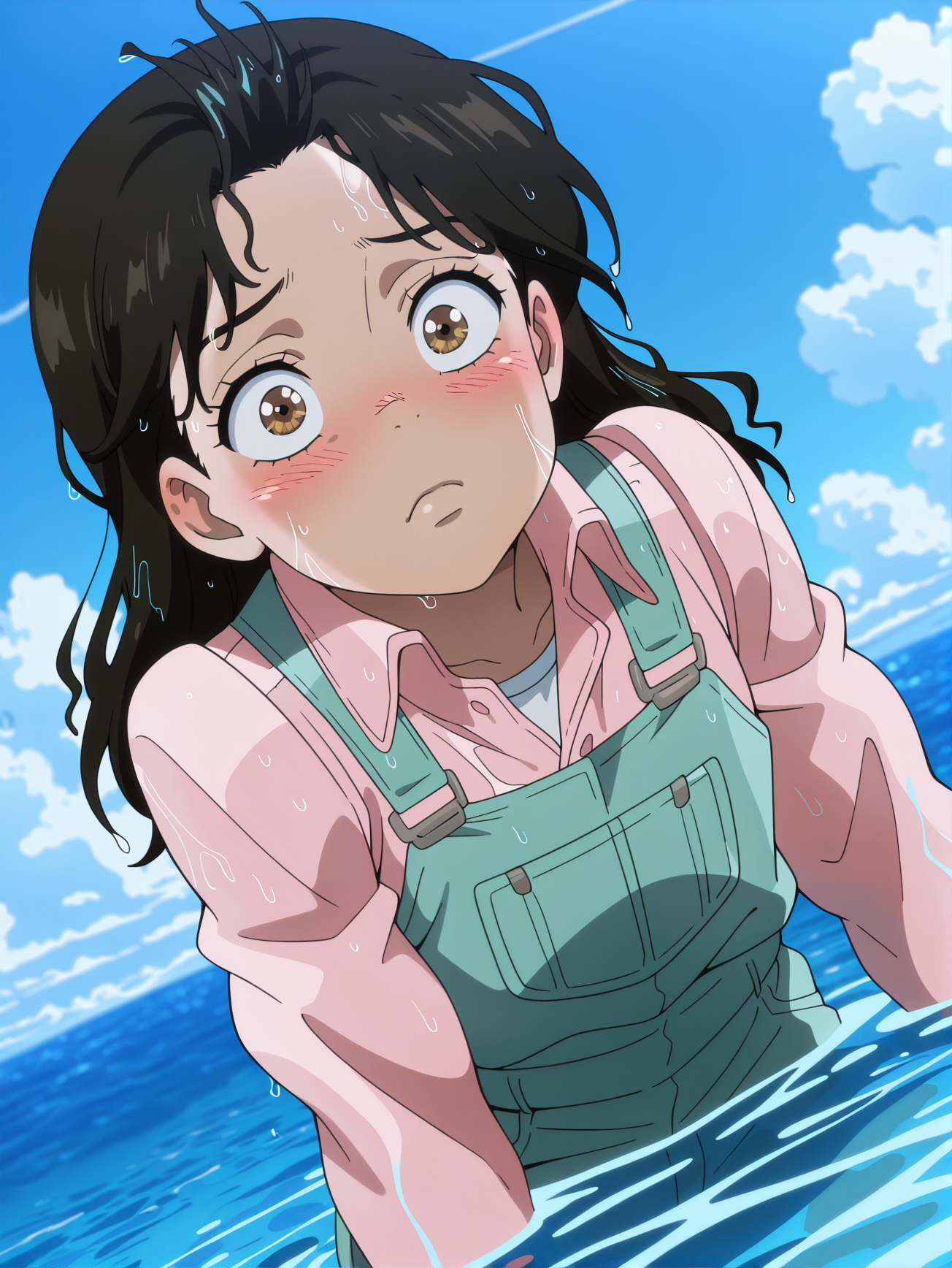 masterpiece, best quality, amazing quality, absurdres, newest, dynamic_angle, defined facial features, anime coloring, anime screencap, cloudy sky, ocean,
 <lora:Anne_Merlai_IL1.1v0:1> merlai anne, brown eyes, pink shirt, green overalls, in water, blush, wet clothes, wet hair,