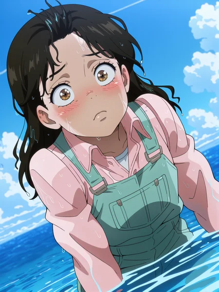 masterpiece, best quality, amazing quality, absurdres, newest, dynamic_angle, defined facial features, anime coloring, anime screencap, cloudy sky, ocean,
<lora:Anne_Merlai_IL1.1v0:1> merlai anne, brown eyes, pink shirt, green overalls, in water, blush, wet clothes, wet hair,