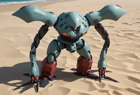 score_9, score_8_up, score_7_up, source_anime, front view, BREAK, ( hygogg, grey_hygogg_armor, black hygogg, pink monoeye, looking at viewer, leaning forward, long arms, very long arms, long claws) 1mech, red mech, wide mech, large shoulders, large shoulder armor, mech focus, solo, BREAK, on beach, waving, arm raised, two arms,