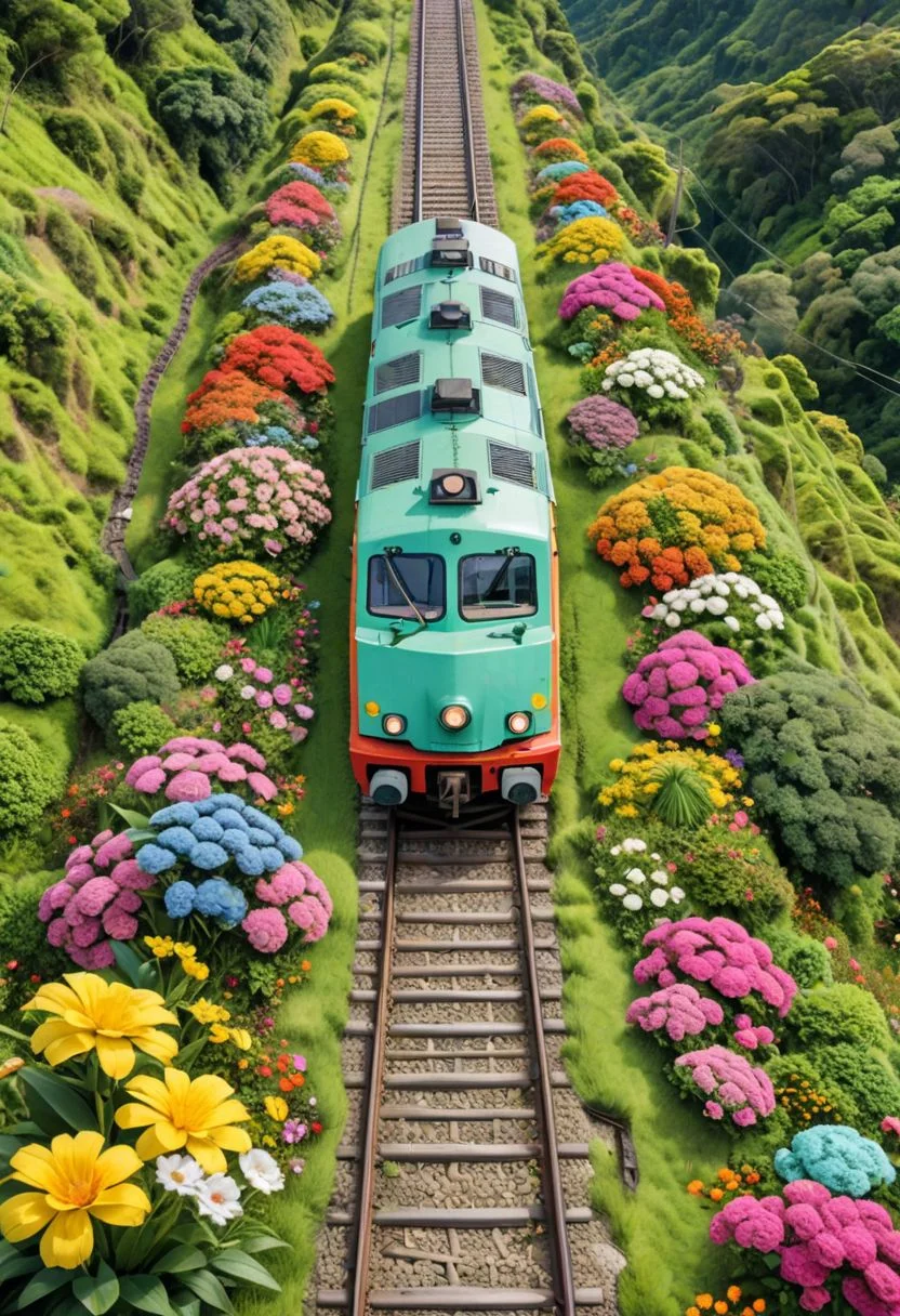 colombia, train on the tracks, surrounded by flowers, on top green grass, in the style of cute cartoonish designs, dreamlike visuals, soft sculptures, webcam, bright colors, bold shapes, coastal landscapes, capturing moments, soft color, matte color, Ghibli style