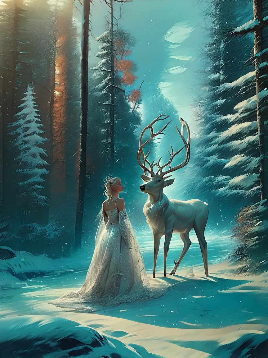score_9, score_8_up, score_7_up, score_6_up, score_5_up, <lora:snowXLP:1> snow, winter, 1girl, dress, tree, nature, outdoors, forest, reindeer, white dress, bare tree, deer, long hair
