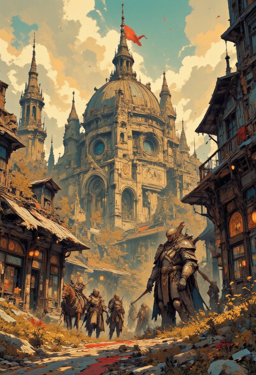 A medieval fantasy scene, set in a European castle or town. The scene is bathed in golden, late afternoon light, casting long shadows and creating a warm, ethereal atmosphere. The central focus is a grand, domed cathedral with ornate Gothic architecture, featuring multiple spires and arched windows. The London style cathedral's dome is adorned with intricate carvings and a red flag waves from its highest point. In the foreground, a cobblestone street is flanked by wooden buildings with thatched roofs, illuminated by soft, warm lights from lanterns hanging overhead. The street is adorned with a red carpet running down the center, adding a touch of grandeur. Several armored knights, dressed in heavy chainmail and helmets, walk down the street, some on horseback, creating a sense of nobility and authority. The knights' shiny armor is detailed with intricate designs, emphasizing their status. (add a big evil looking dragon to the scene). The background showcases more buildings and a bustling market scene, with people milling about and engaging in various activities. The overall texture of the image is highly realistic, capturing the rich textures of stone, wood, and metal, with a meticulous attention to detail that brings the scene to life. The scene is rich in detail. In the style of ff-td, vintage art, Fancha style.