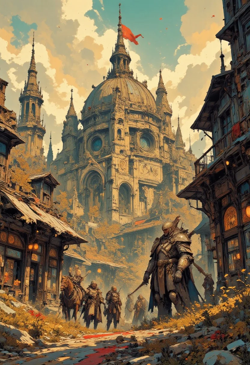 A medieval fantasy scene, set in a European castle or town. The scene is bathed in golden, late afternoon light, casting long shadows and creating a warm, ethereal atmosphere. The central focus is a grand, domed cathedral with ornate Gothic architecture, featuring multiple spires and arched windows. The London style cathedral's dome is adorned with intricate carvings and a red flag waves from its highest point. In the foreground, a cobblestone street is flanked by wooden buildings with thatched roofs, illuminated by soft, warm lights from lanterns hanging overhead. The street is adorned with a red carpet running down the center, adding a touch of grandeur. Several armored knights, dressed in heavy chainmail and helmets, walk down the street, some on horseback, creating a sense of nobility and authority. The knights' shiny armor is detailed with intricate designs, emphasizing their status. (add a big evil looking dragon to the scene). The background showcases more buildings and a bustling market scene, with people milling about and engaging in various activities. The overall texture of the image is highly realistic, capturing the rich textures of stone, wood, and metal, with a meticulous attention to detail that brings the scene to life. The scene is rich in detail. In the style of ff-td, vintage art, Fancha style.