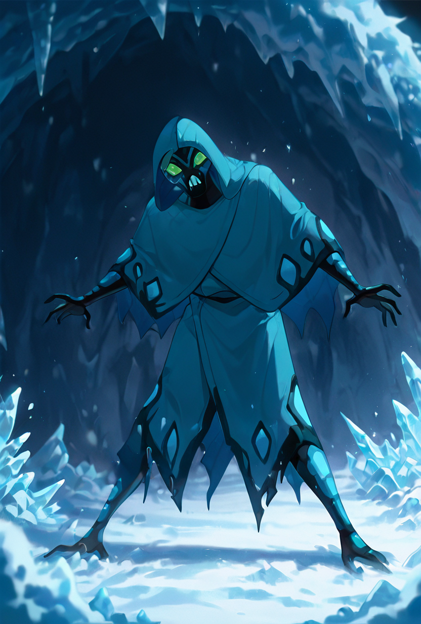 <lora:bigchill-07:1> bigchill, solo, 1boy, green eyes, blue skin, no humans, green sclera, teeth, no pupils, hood, cloak <lora:WSSKX_WAI:0.9>, ice crystals, now biome, ice cave,  ice powers, dynamic pose,, masterpiece, best quality, amazing quality, very aesthetic, absurdres, newest,