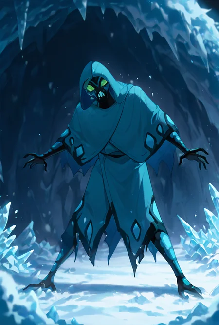 <lora:bigchill-07:1> bigchill, solo, 1boy, green eyes, blue skin, no humans, green sclera, teeth, no pupils, hood, cloak <lora:WSSKX_WAI:0.9>, ice crystals, now biome, ice cave,  ice powers, dynamic pose,, masterpiece, best quality, amazing quality, very aesthetic, absurdres, newest,
