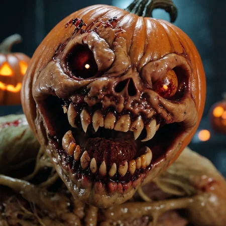 a BHXLV01 disgusting body horror halloween creature, punpkin head, slimy veiny skin, huge teeth, covered in blood, <lora:BHXLV01-000006:0.8>, dof, highly detailed, <lora:halloweenXL:0.6>