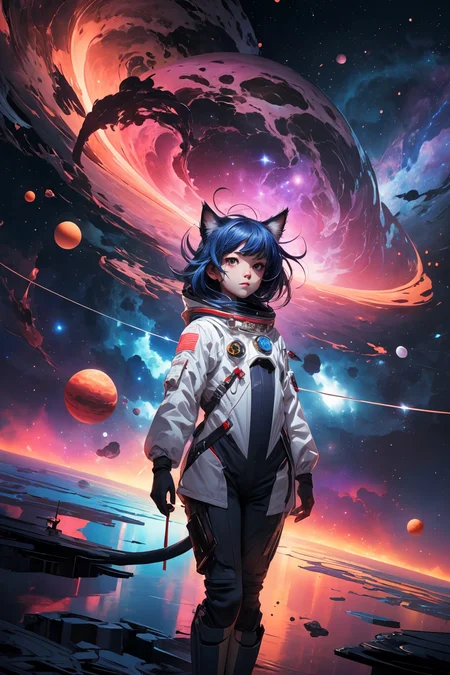 a cat girl astronaut exploring the cosmos, floating among planets and stars, high quality detail, (intricate detail), complex illustration, high contrast, intricate background detail
masterpiece, best quality,
<lora:more_details:0.3>
 <lora:Cosmic anime-oil fusion v2:0.3> 
<lora:AnimeVibesV3:0.25> animevibes, 
<lora:3DMM_V11:0.45> 3DMM 
<lora:midjourney_20230624181825:0.25> midjourney ,
 <lora:LAS:0.2> colorful, nebula, 
<lora:msw_locon-t2:0.4>
 <lora:wuxia2:0.35> gu, shiny, shiny hair, shiny skin, shiny clothes