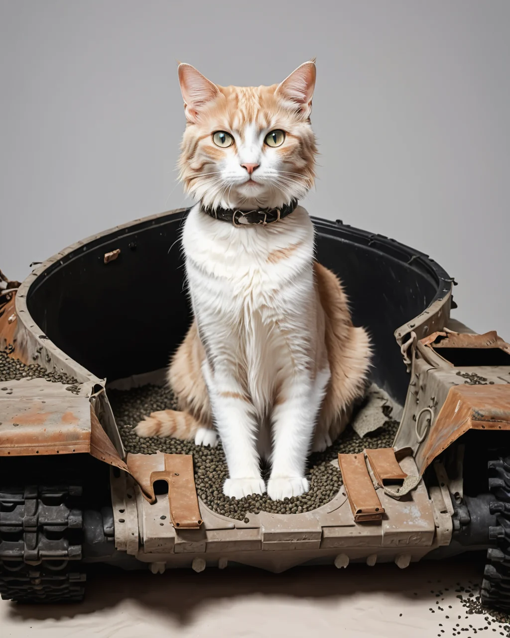 a vtnktnk tank with no top being used as a litter box, cat, kitty litter, dslr, 8k, beautiful, hyper realistic <lora:vtnktnk_SDXL_v1_32-000015:1>