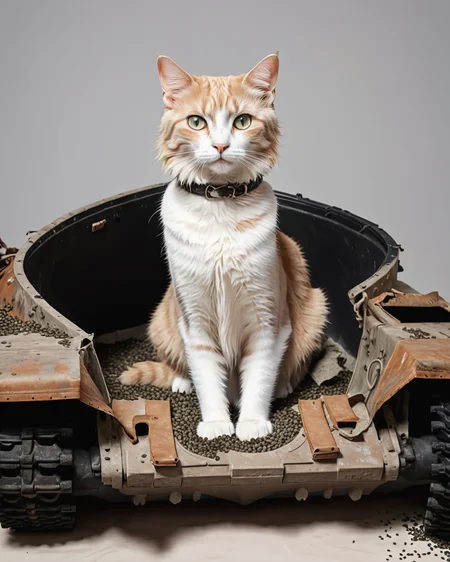 a vtnktnk tank with no top being used as a litter box, cat, kitty litter, dslr, 8k, beautiful, hyper realistic <lora:vtnktnk_SDXL_v1_32-000015:1>
