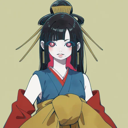 Watercolor painting, score_9, score_8_up, score_7_up, score_6_up, score_5_up BREAK t1u5, 1girl, mole under mouth, colored sclera, pink eyes, symbol-shaped pupils, long hair, black hair, blue kimono, sleeveless, earrings, hair stick, hime cut, sidelocks, hair ornament, colored inner hair, yellow obi, red sleeves, detached sleeves, cowboy shot, pale skin, looking at viewer, solo, <lora:tukiGirlPDXL16v0.95cametx1-000008:0.8>, Vibrant, beautiful, painterly, detailed, textural, artistic