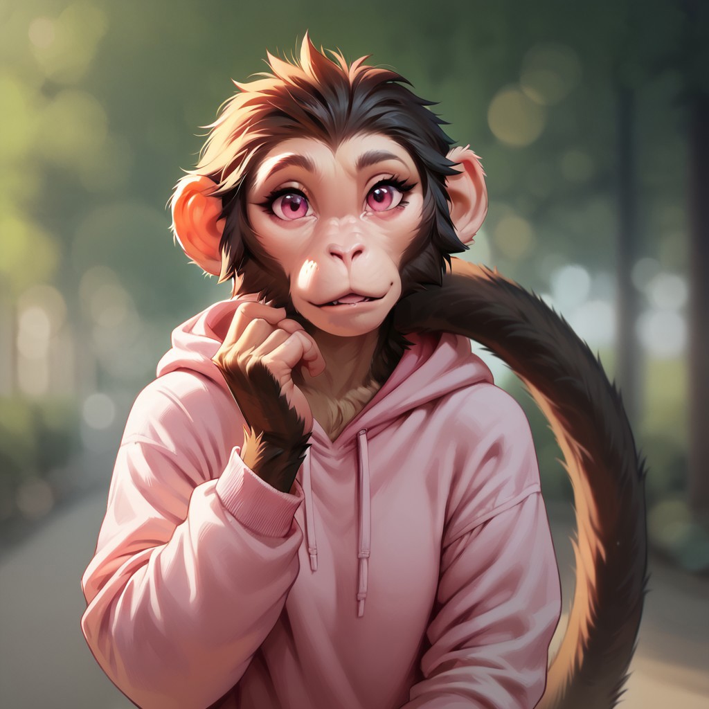 (((detailed, beautiful, high quality))), score_9, score_8_up, score_7_up,
hadozee, furry monkey, tail,
1girl, pink eyes, fair skin, brown fur, pink hoodie,
looking at the viewer, posing, blurred background, blurred fantasy background,