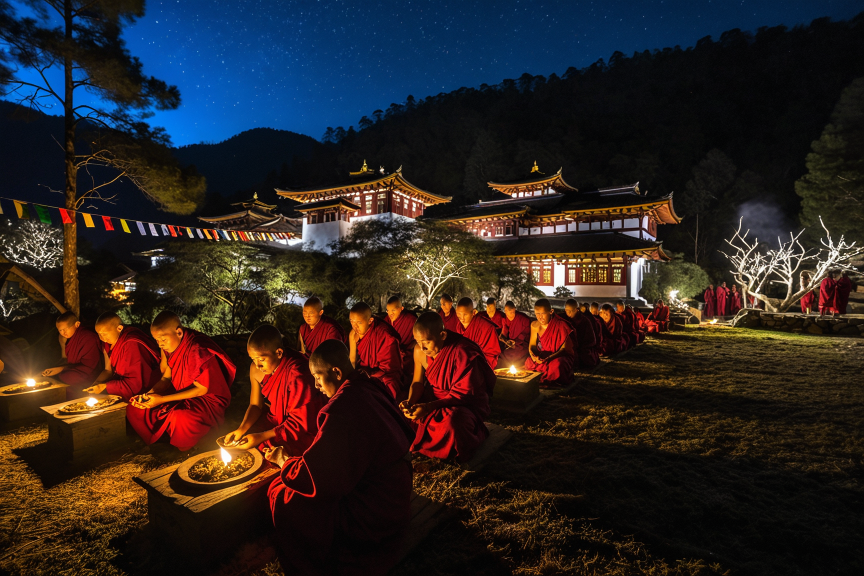 In a remote Bhutanese forest monastery where red-robed monks tend prayer gardens and wood smoke drifts above mossy rooftops. At winter night, stars gleam above the forest, (low candlelight:1.08) spills through carved windows, and wind stirs the flags high above.,, Masterpiece,best quality,realistic,HDR, 8K, masterpiece, best_quality, absurdres, ultra-detailed, highly aesthetic,sweeping landscapes, unique perspectives, epic scale, revealing hidden beauty, showcasing vastness, immersive experience, precise compositions, expert piloting, dynamic angles, cinematic storytelling, showcasing natural wonders, aerial exploration
