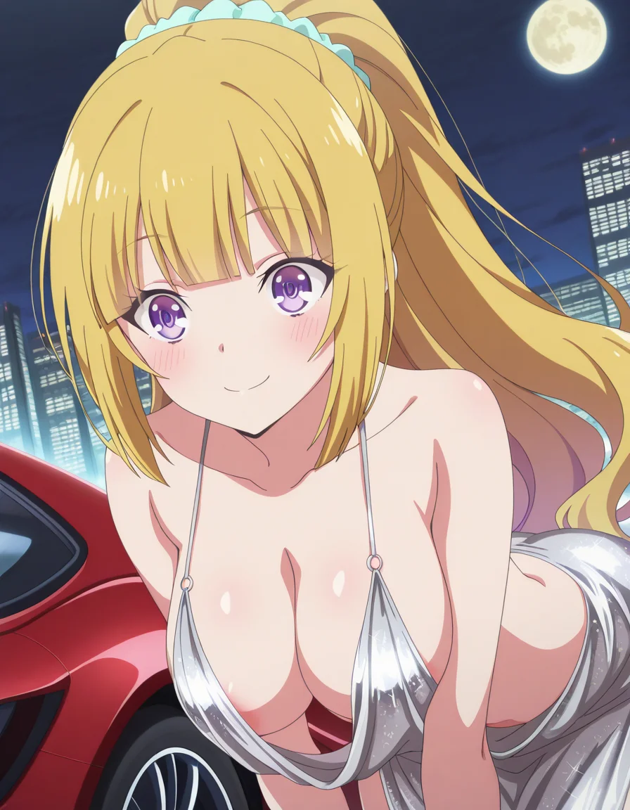 masterpiece, best quality, amazing quality,, <lora:kei-karuizawa-s2-v2-illustriousxl-lora-nochekaiser:1>, kei karuizawa, long hair, bangs, blunt bangs, purple eyes, blonde hair, hair ornament, ponytail, scrunchie, breasts, blue scrunchie, anime screencap, <lora:luxurious-wheels-illustriousxl-lora-nochekaiser:1>, luxurious wheels, st. louis (azur lane) (cosplay), silver dress, cowl neck, evening gown, plunging neckline, cleavage, collarbone, bare shulders, halter dress, backless dress, underboob, sideboob, areola, outdoors, cityscape, street, night, moon, sports car, bent over, smile, blush, cowboy shot, dutch angle,, , ,
