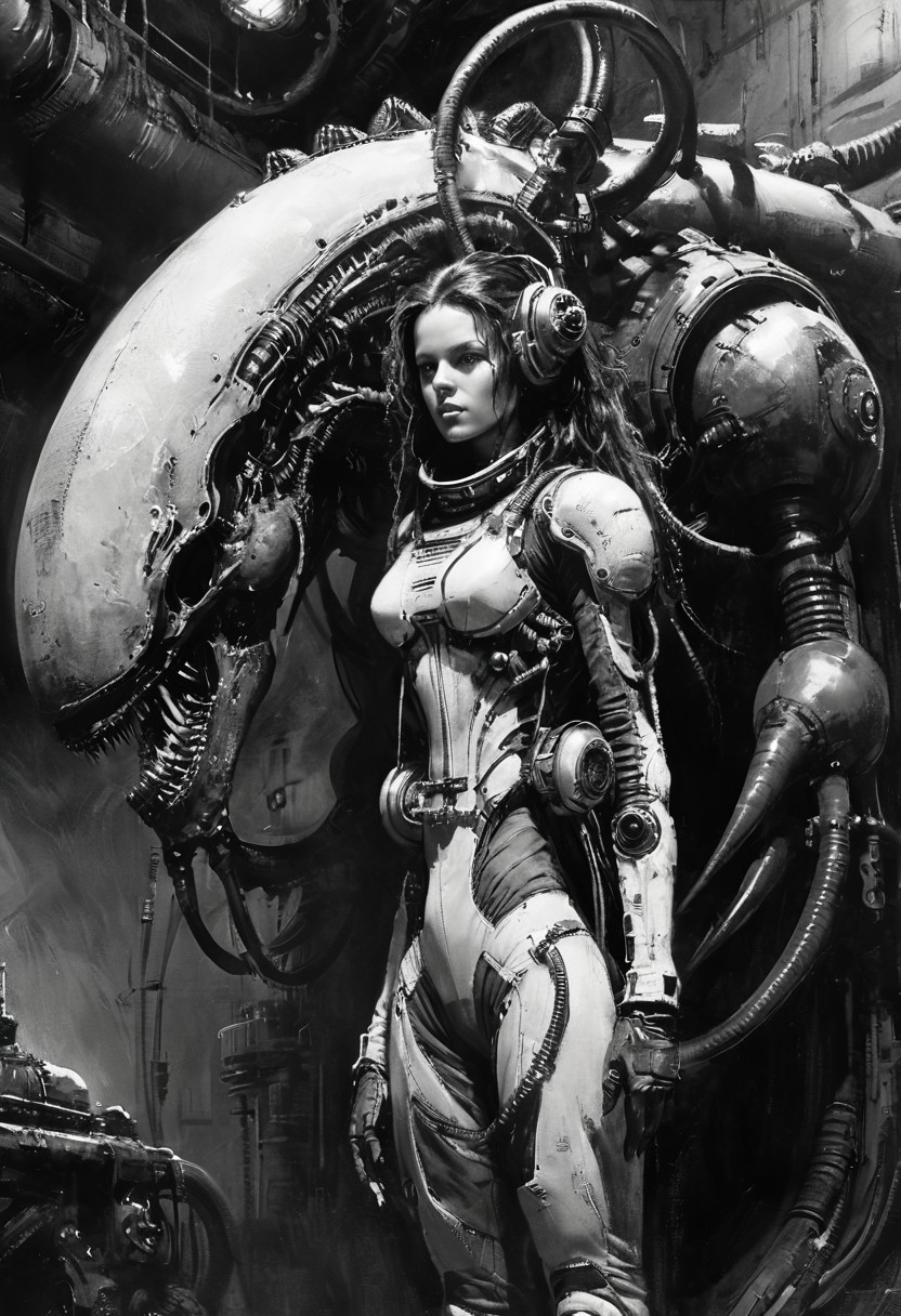 score_9, score_8_up, score_7_up, 1girl, solo, long hair, curly hair, brown hair, spacesuit, holding alien, industrial background, sci-fi, serious expression, detailed, high contrast, looking at viewer, realistic, futuristic, spaceship interior, intricate machinery, standing pose, resilient, strong female character, xenomorph, black and white, dramatic lighting, horror, suspense, alien creature, looming, tense atmosphere
,John Berkey Style page,FRESHIDEAS Dark RPG old-school style
