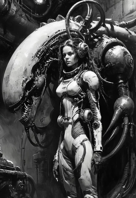score_9, score_8_up, score_7_up, 1girl, solo, long hair, curly hair, brown hair, spacesuit, holding alien, industrial background, sci-fi, serious expression, detailed, high contrast, looking at viewer, realistic, futuristic, spaceship interior, intricate machinery, standing pose, resilient, strong female character, xenomorph, black and white, dramatic lighting, horror, suspense, alien creature, looming, tense atmosphere
,John Berkey Style page,FRESHIDEAS Dark RPG old-school style