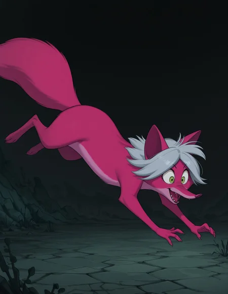 smooth quality, masterpiece, very intricate, high quality details, ultra realistic, high detailed skin, detailed environment, absurdres, solo, simple background, black background, color drain, erosfoxmadammim, fox, pink fur, green eyes, grey hair, pointy ears, tail