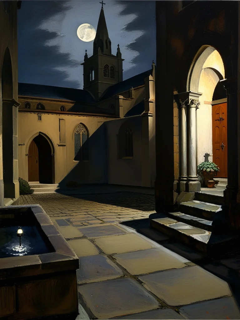 <lora:03realismPainting_Hap_XL:1>,American art,oil painting,peaceful,realism, Create an image of the protagonist emerging into the moonlit courtyard outside the church. Show the tranquil courtyard bathed in moonlight, with shadows stretching across the cobblestones. Convey the protagonist's relief and the contrast between the oppressive darkness of the church and the peacefulness of the courtyard.