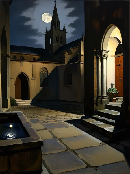 <lora:03realismPainting_Hap_XL:1>,American art,oil painting,peaceful,realism, Create an image of the protagonist emerging into the moonlit courtyard outside the church. Show the tranquil courtyard bathed in moonlight, with shadows stretching across the cobblestones. Convey the protagonist's relief and the contrast between the oppressive darkness of the church and the peacefulness of the courtyard.