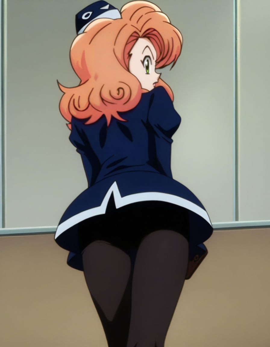 <lora:Coco Loo:1>, coco loo, SOLO, standing, blue uniform, black tights, from behind, looking back, hat