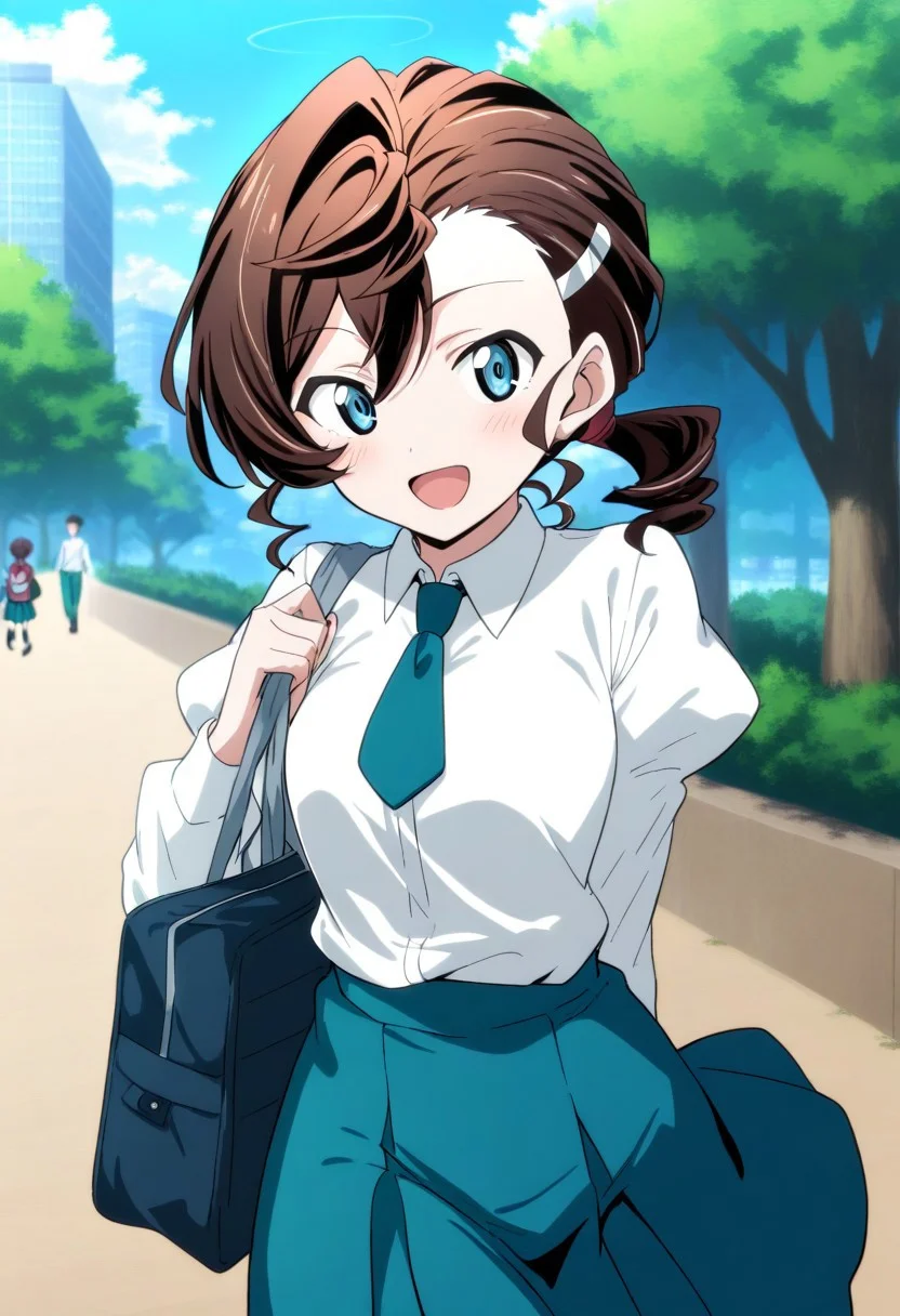 masterpiece, best quality, very aesthetic, absurdres,perfect,1girl,Inuyama Mana,GeGeGe no Kitarou,solo,cowboy shot,(day:1.5),city park with people walking,1 hair tie,laugh with open mouth,hanging 1 nylon school bag from own shoulder,walking,blue eyes,school uniform,(white shirt:1.2),(juliet sleeves:1.2),(dark sea-green necktie),(dark sea-green skirt),(single hair intake:1.5),(wavy hair),(swept bangs) and (hair pulled back:1.2),hair between eyes,(low ponytail),Ahoge,(Brown) medium hair,sideburns, 1 silver hairpin