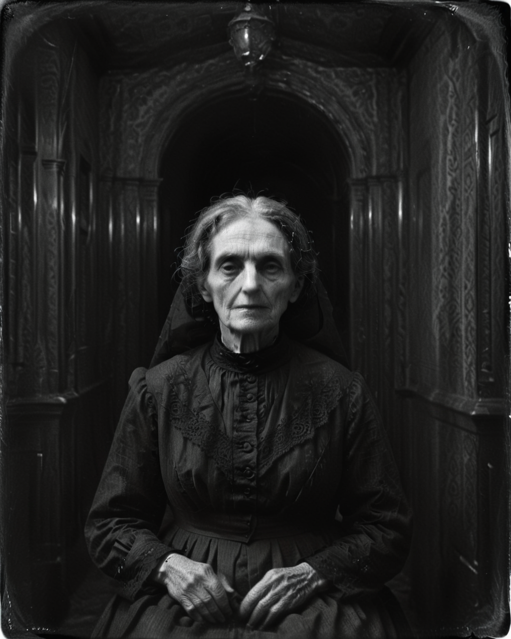 <lora:Old_Photo_Style:0.8> sinister, eerie, 01dPh0t0, black and white photo, an old Victorian woman,