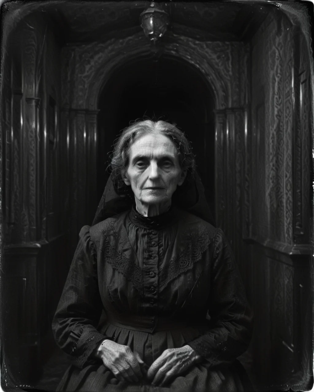 <lora:Old_Photo_Style:0.8> sinister, eerie, 01dPh0t0, black and white photo, an old Victorian woman,