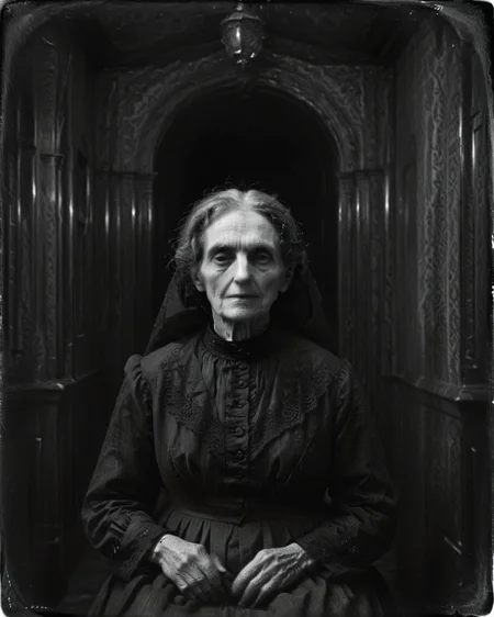 <lora:Old_Photo_Style:0.8> sinister, eerie, 01dPh0t0, black and white photo, an old Victorian woman,