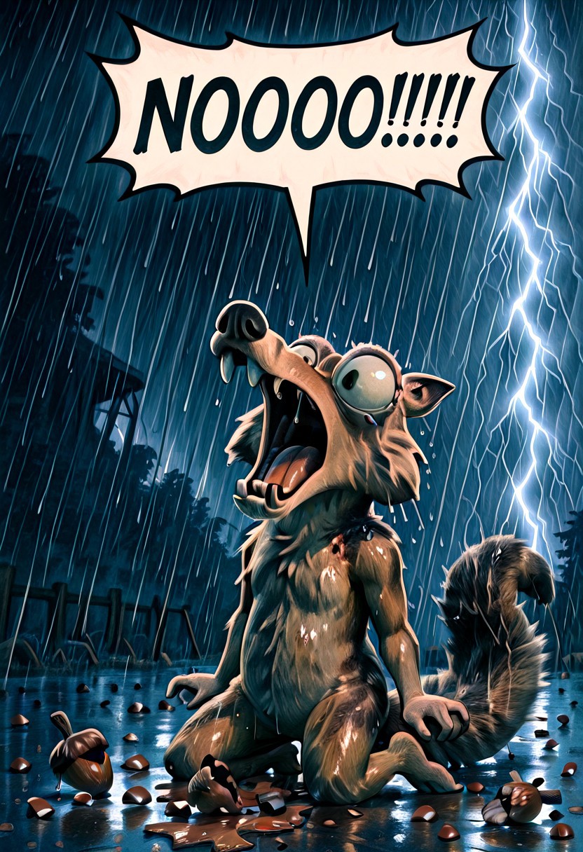 embedding:IllusP0s, speech bubble, NOOO!!!, screaming, kneeling, Scrat, long snout, bushy tail, bulging eyes, striped tail, solo, contrast lighting, outdoors, arms by side, thunderstorm, raining, (broken acorn on the ground:1.4)