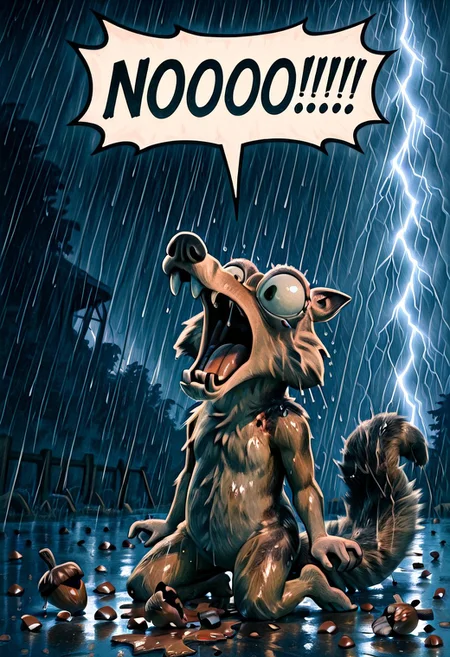 embedding:IllusP0s, speech bubble, NOOO!!!, screaming, kneeling, Scrat, long snout, bushy tail, bulging eyes, striped tail, solo, contrast lighting, outdoors, arms by side, thunderstorm, raining, (broken acorn on the ground:1.4)