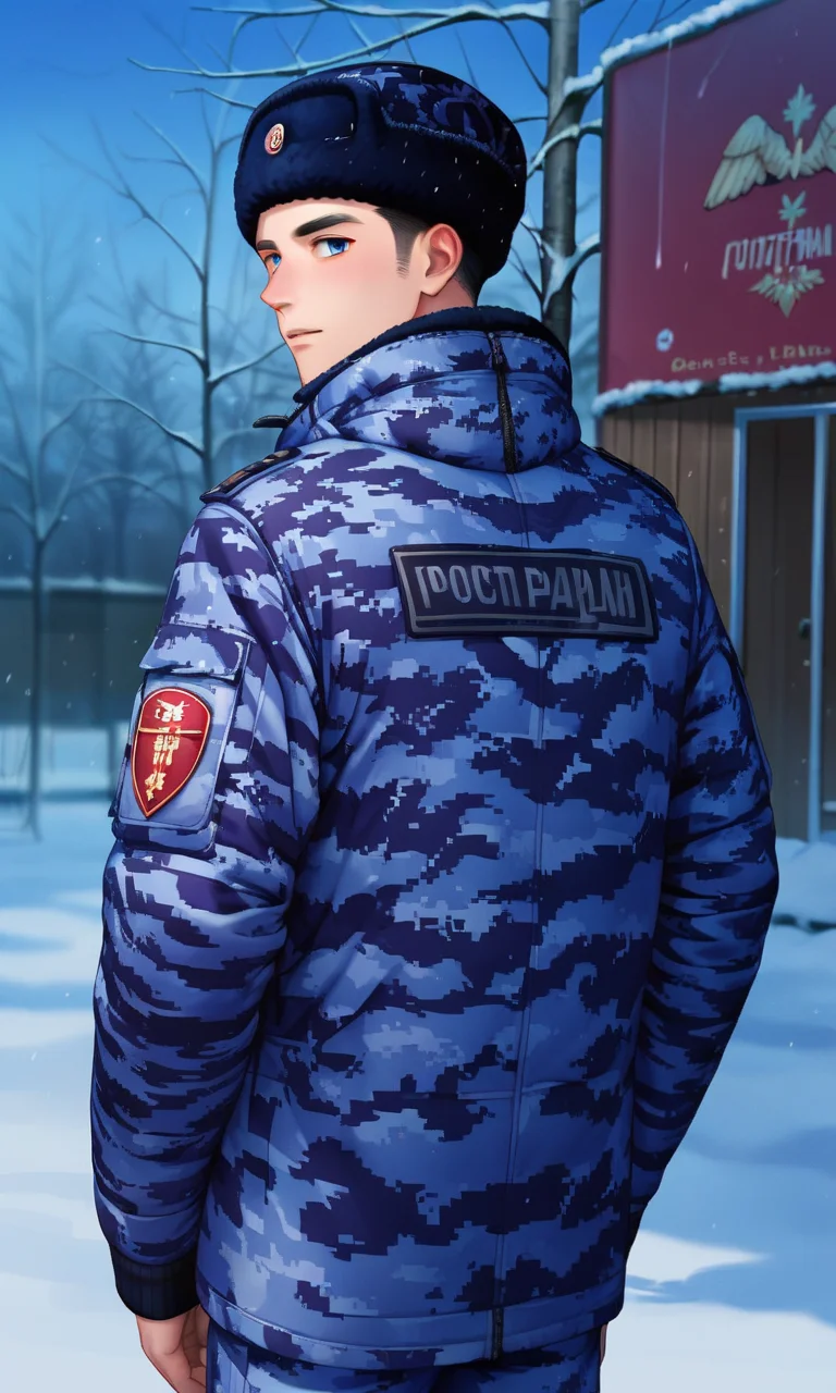 anime studio, anime artwork, anime artstyle, vibrant, score_9, score_8_up, score_7_up, source_anime, 1boy, solo, glavakolhoza_rosgvardiya, outdoors, snowy, military uniform, (dark blue pixel camouflage:1.2), winter jacket, winter cap, unit patch, standing, looking at viewer, <lora:glavakolhoza_rosgvardiya:0.75>, (from behind:1.2)