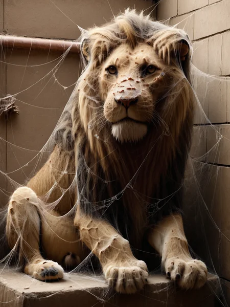 ais-webz lion, sitting in the corner of its small zoo enclosure <lora:Cobweb_Style_SDXL:1>