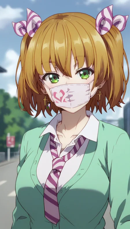 score_9,score_8_up,score_7_up,score_6_up BREAK official art,solo,outdoors,upper body,(portrait:1.5),looking at viewer,facing viewer,smile,blush,Wakakusa Moena,brown hair,medium hair,two side up,hair ribbon,striped ribbon,hair bow,jewelry,cross earrings,hair between eyes,bangs,green eyes,mouth mask,collarbone,school uniform,green cardigan,striped necktie,collared shirt,white shirt,long sleeves,large breasts,skindentation,miniskirt,blue skirt,pleated skirt,plaid skirt,white pantyhose,loafers,brown footwear,<lora:Wakakusa Moena(dhh)-Pony:1.6>,