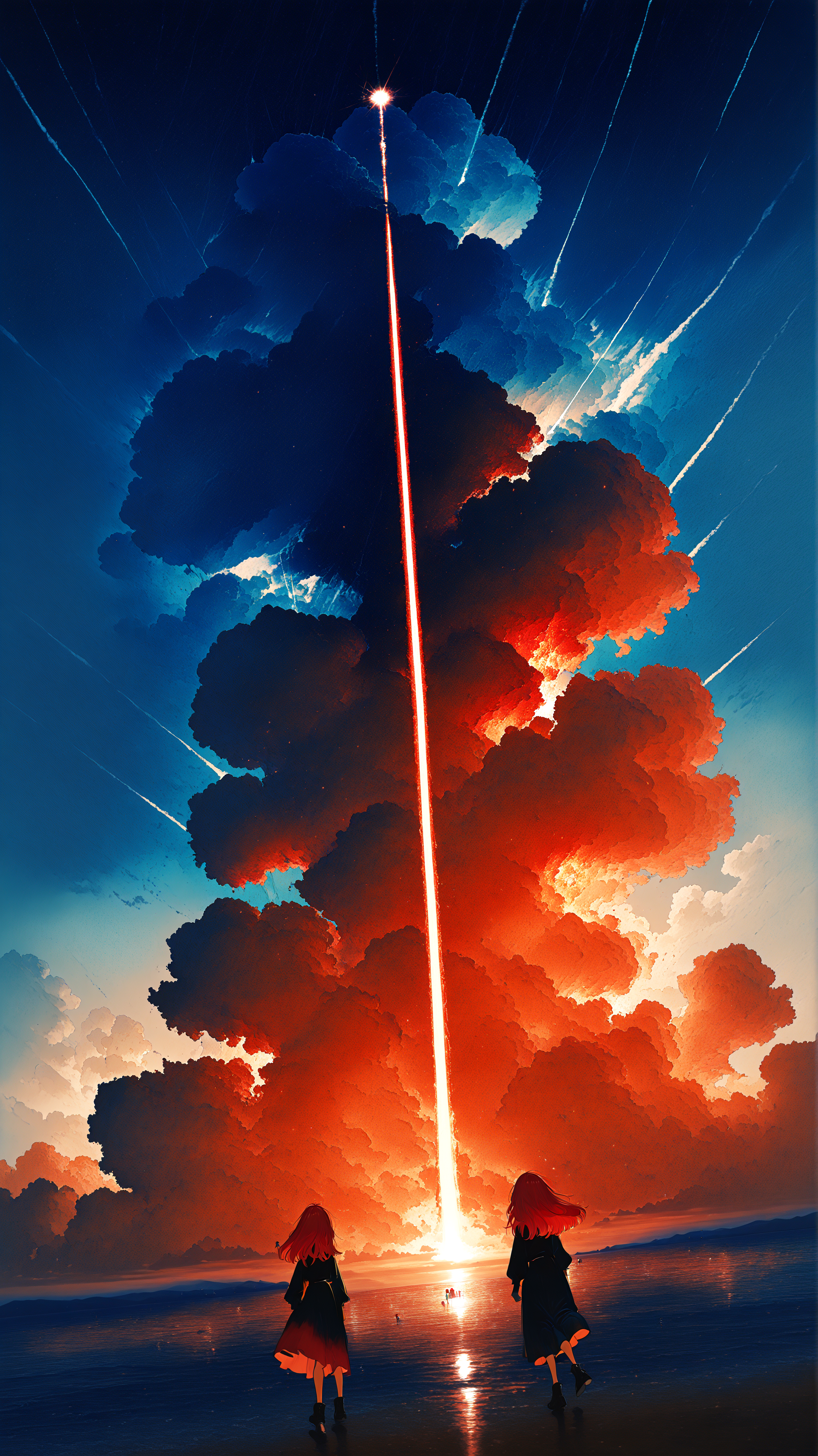 masterpiece, newest,absurdres,incredibly absurdres, best quality, amazing quality, very aesthetic, blue theme, orange hue,
2girls, instant loss, energy beam, cumulonimbus cloud, blonde, red hair, horizon, dutch angle,
<lora:Face_Enhancer_Illustrious:0.2>  <lora:KonYa666:1> kony4666 <lora:ka_marukogedago:1> k4_illu,  <lora:HyperdetailedIllustrationIll:1>