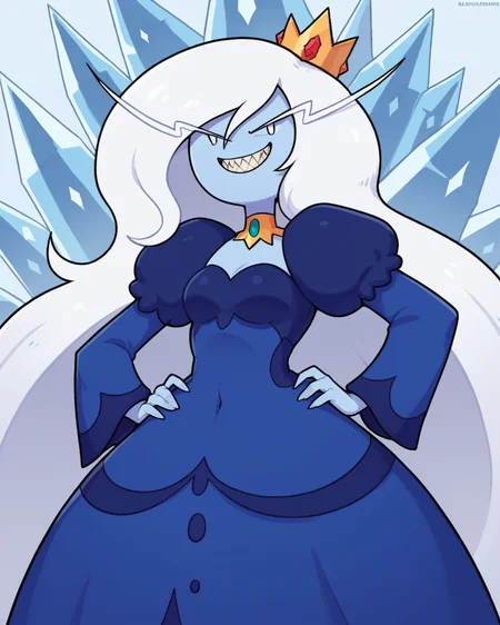 score_9, score_8_up, 1girl, solo, Ice Queen, blue skin, white eyes, white hair, very long hair, crown, sharp teeth, grin, wide hips, hands on hip, blue dress, long dress, long sleeves, cowboy shot, dynamic angle, detailed background, ice, <lora:IceQueen_PDXL:0.7>