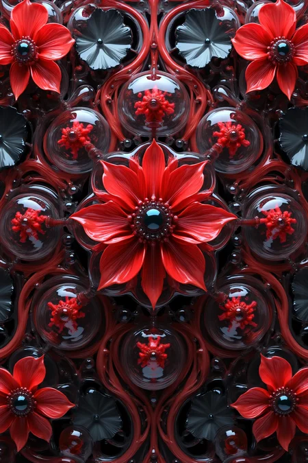 Acrylic, Translucent style, High-contrast digital art: A bold, red and black floral medallion featuring a central red flower with with intricate textures and vibrant colors. The scene should include a rich variety of elements, each contributing to the overall atmosphere. Lighting should be soft, diffused, and natural, enhancing the depth and realism of the scene. The mood is to be calm yet vibrant, creating a sense of serenity and wonder. Every detail in the scene should be meticulously rendered, emphasizing the contrast between light and shadow, and capturing the fine textures and subtle gradients. The color palette should be carefully chosen to evoke emotion, with each hue enhancing the aesthetic appeal of the overall composition. The final image should be immersive and captivating, drawing the viewer into its intricately detailed world.
