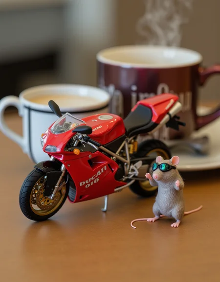 realistic photo of a Miniature Ducati 916 motorcycle, on the kitchen table next to a steaming mug of coffee, a cute mouse wearing motorcycle goggles is standing next to the motorcycle getting ready to ride, sharp focus, highly detailed, <lora:FLUX.1d_-_Miniatures:1>, flxmni, solo, <lora:Ducati 916:1>