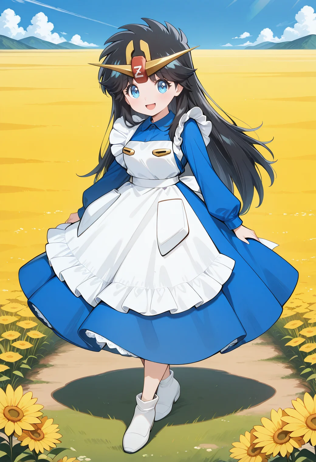 ZetaChan, v-fin, tiara, blue eyes, black hair, long hair, blue dress, long sleeves, white apron, <lora:ZetaChan_illustrious_ver1:0.8>
smile, open mouth, full body,, masterpiece, best quality, general,, 1girl, solo, (field:1.2), (blue sky:1.2), looking at viewer,