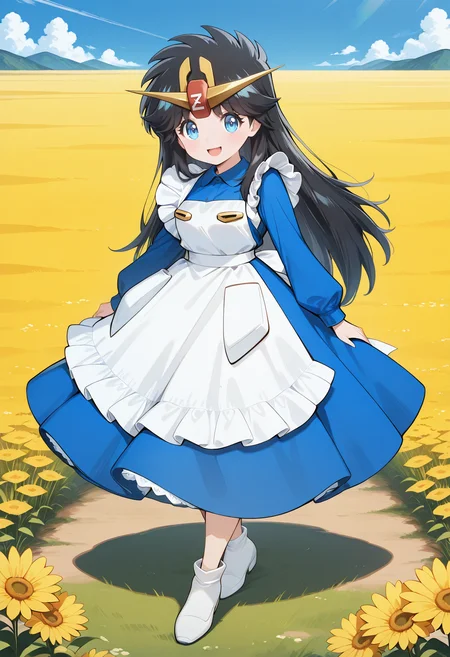 ZetaChan, v-fin, tiara, blue eyes, black hair, long hair, blue dress, long sleeves, white apron, <lora:ZetaChan_illustrious_ver1:0.8>
smile, open mouth, full body,, masterpiece, best quality, general,, 1girl, solo, (field:1.2), (blue sky:1.2), looking at viewer,